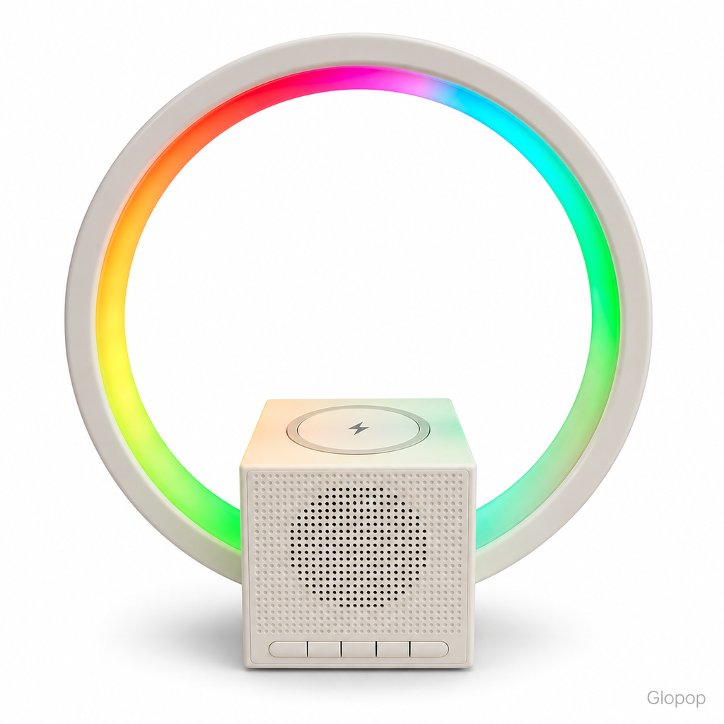Speaker BT258 bianco con anello LED RGB acceso e ricarica wireless