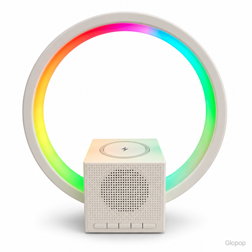Speaker BT258 bianco con anello LED RGB acceso e ricarica wireless